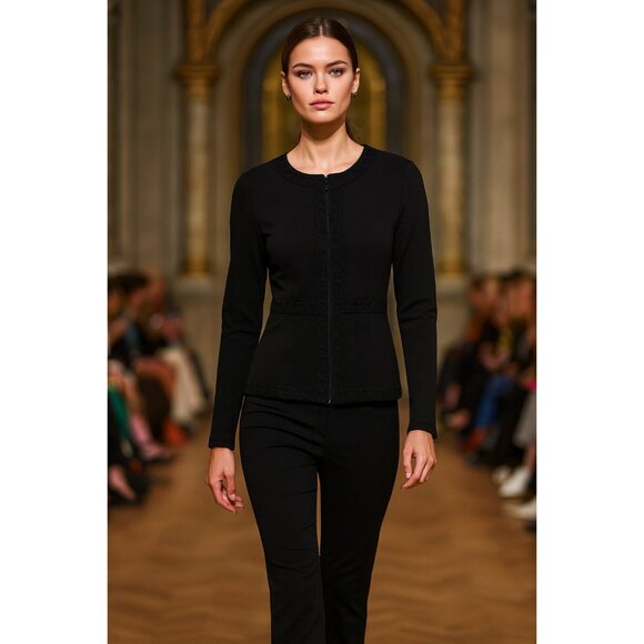 Willi Smith Black Suede Trim Zip Front Knit Jacket Cardigan Women’s Size S - Picture 1 of 9